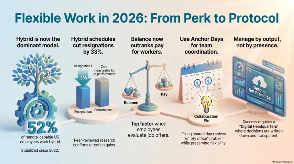 Infographic illustrating flexible work schedule trends in 2026, covering hybrid adoption statistics, employee retention benefits, anchor days, and output-based management.