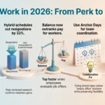 Infographic illustrating flexible work schedule trends in 2026, covering hybrid adoption statistics, employee retention benefits, anchor days, and output-based management.
