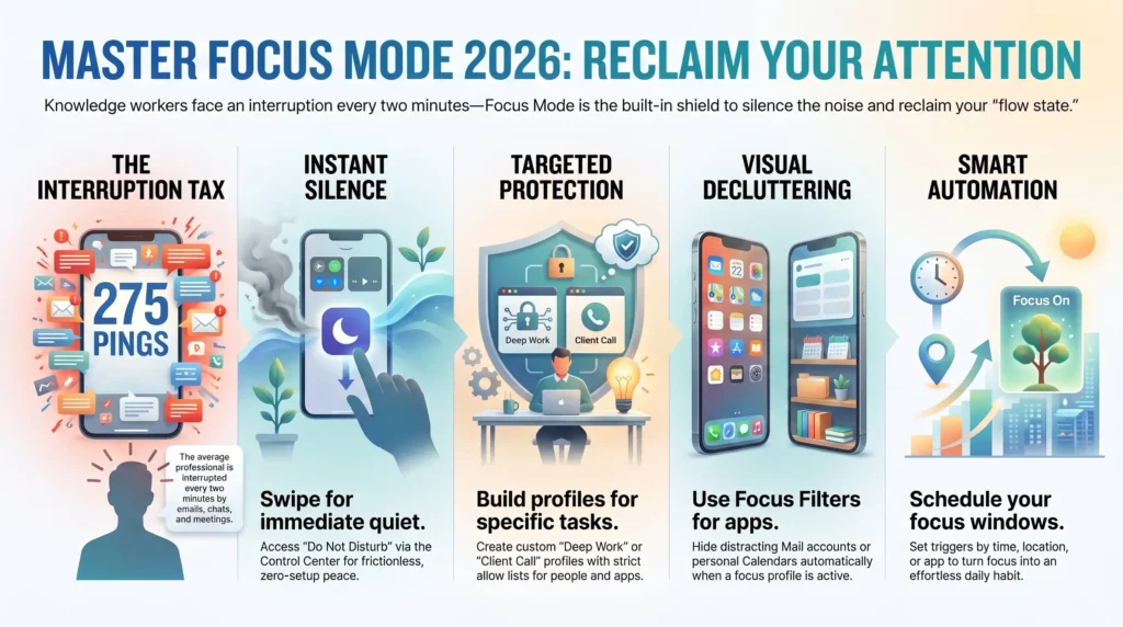 Infographic displaying a 5-step guide to mastering Focus Mode in 2026, from silencing notification overload and building deep work profiles to visual decluttering and scheduling.