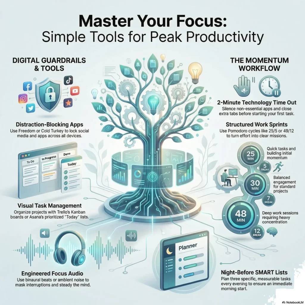 SmartKeys infographic on simple focus tools for peak productivity, featuring digital guardrails like distraction-blocking apps and the momentum workflow utilizing structured Pomodoro work sprints.