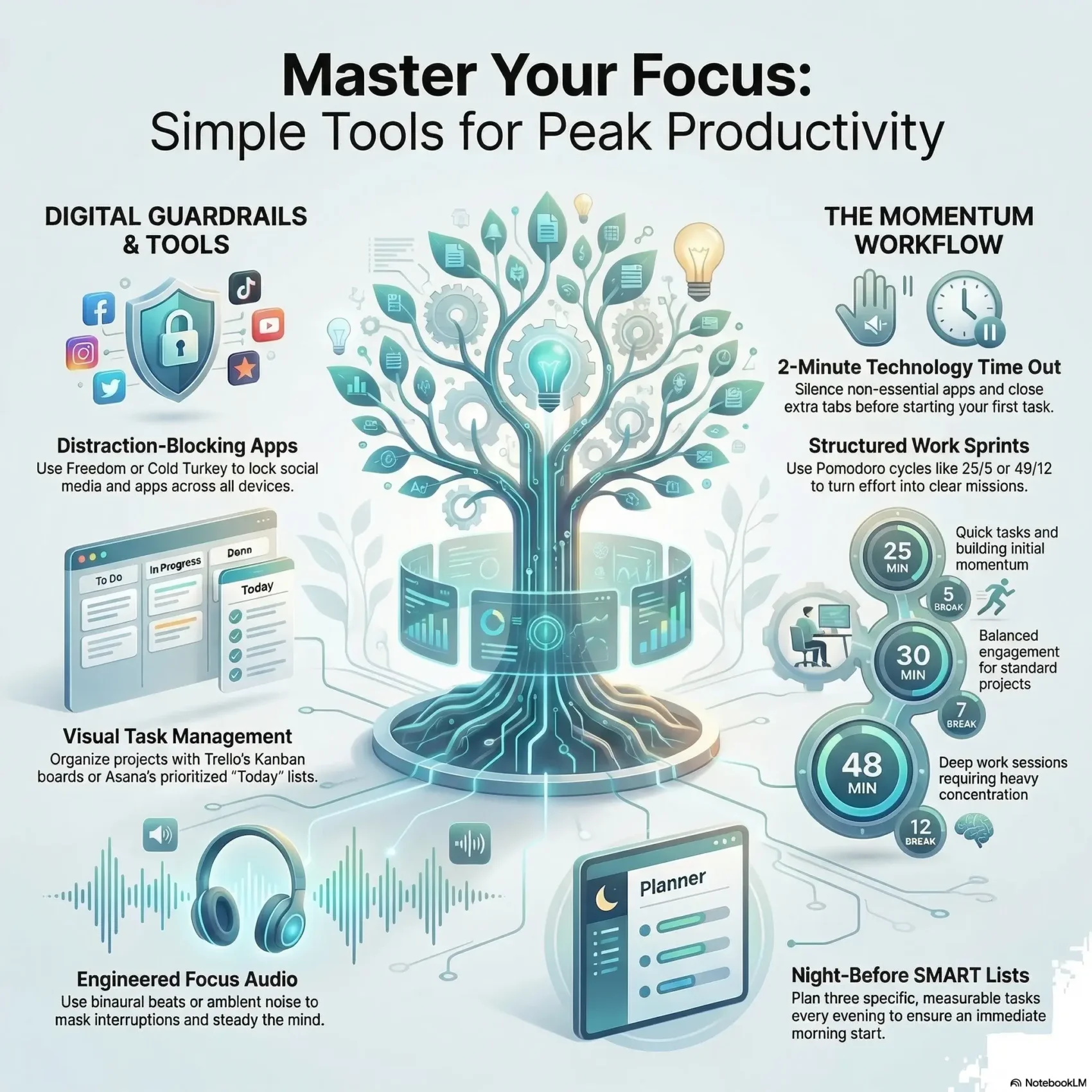 SmartKeys infographic on simple focus tools for peak productivity, featuring digital guardrails like distraction-blocking apps and the momentum workflow utilizing structured Pomodoro work sprints.