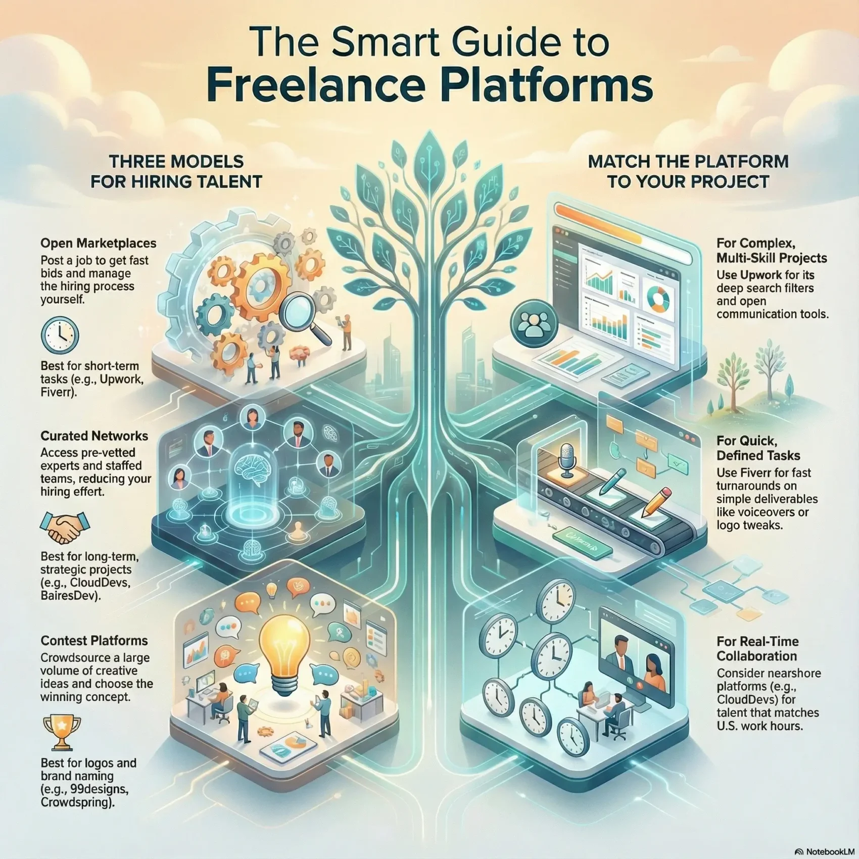 SmartKeys Guide to Freelance Platforms Infographic: A comparison of hiring models including open marketplaces (Upwork, Fiverr), curated networks, and contest platforms (99designs) to match the right talent to your project needs.