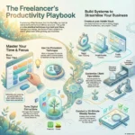 SmartKeys infographic detailing a freelancer productivity playbook, covering time management hacks like the Pomodoro technique, time blocking, and systemizing client operations.