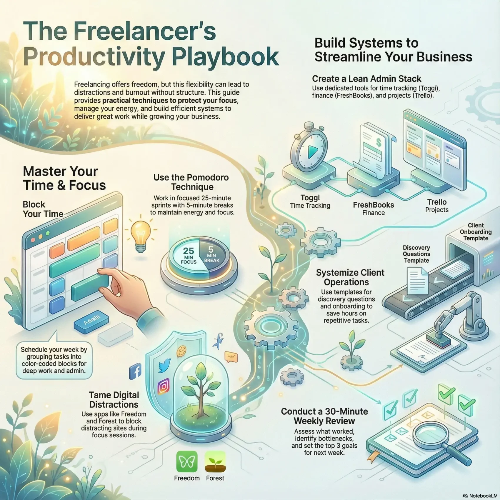 SmartKeys infographic detailing a freelancer productivity playbook, covering time management hacks like the Pomodoro technique, time blocking, and systemizing client operations.