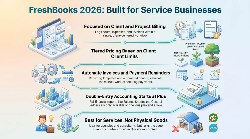 Infographic summarizing FreshBooks cloud accounting review for 2026, detailing client billing features, tiered pricing plans, automated invoicing, and suitability for service businesses.