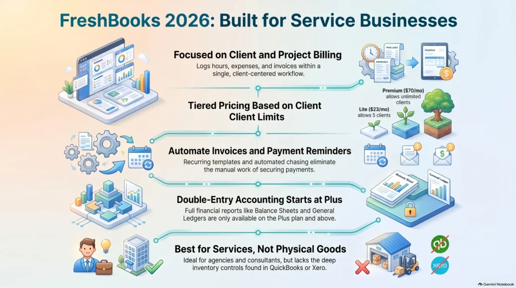 Infographic summarizing FreshBooks cloud accounting review for 2026, detailing client billing features, tiered pricing plans, automated invoicing, and suitability for service businesses.