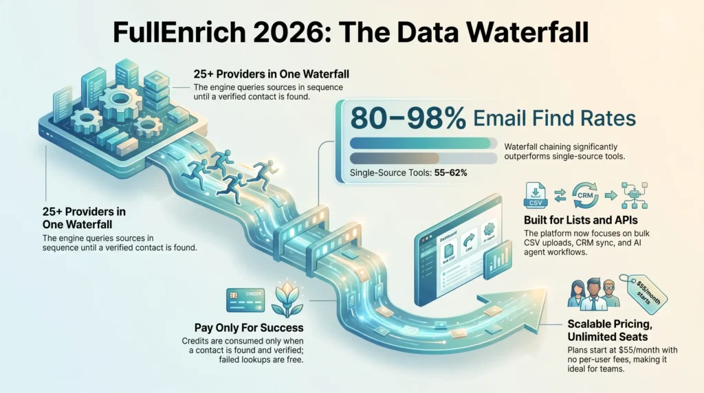 Infographic breaking down FullEnrich waterfall data enrichment in 2026, showing 25+ queried data providers, 80–98% email find rates, API integrations, and pay-for-success credits by SmartKeys.