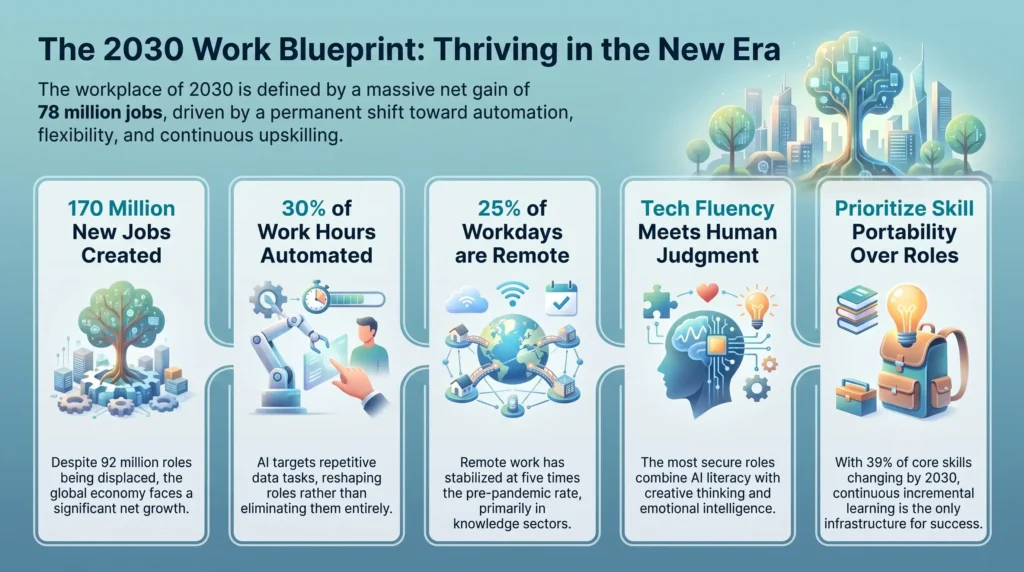 Infographic presenting the 2030 future of work blueprint, showcasing job creation projections, automation percentages, remote workday statistics, and essential portable skills.