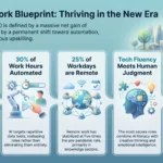 Future Work Trends: Predictions for 2030 Infographic presenting the 2030 future of work blueprint, showcasing job creation projections, automation percentages, remote workday statistics, and essential portable skills.
