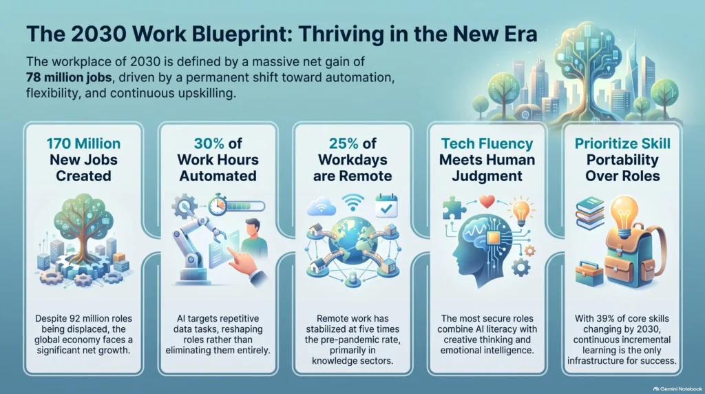 Infographic presenting the 2030 future of work blueprint, showcasing job creation projections, automation percentages, remote workday statistics, and essential portable skills.