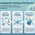 Future Work Trends: Predictions for 2030 Infographic presenting the 2030 future of work blueprint, showcasing job creation projections, automation percentages, remote workday statistics, and essential portable skills.