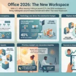 Infographic explaining office workspace design trends in 2026, focusing on peak occupancy rates, tech fit-out costs, zoning layouts, natural daylight access, and human-centric environmental controls.