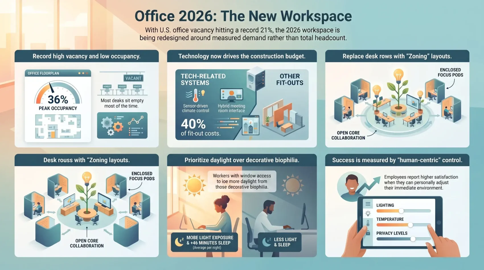 Infographic explaining office workspace design trends in 2026, focusing on peak occupancy rates, tech fit-out costs, zoning layouts, natural daylight access, and human-centric environmental controls.