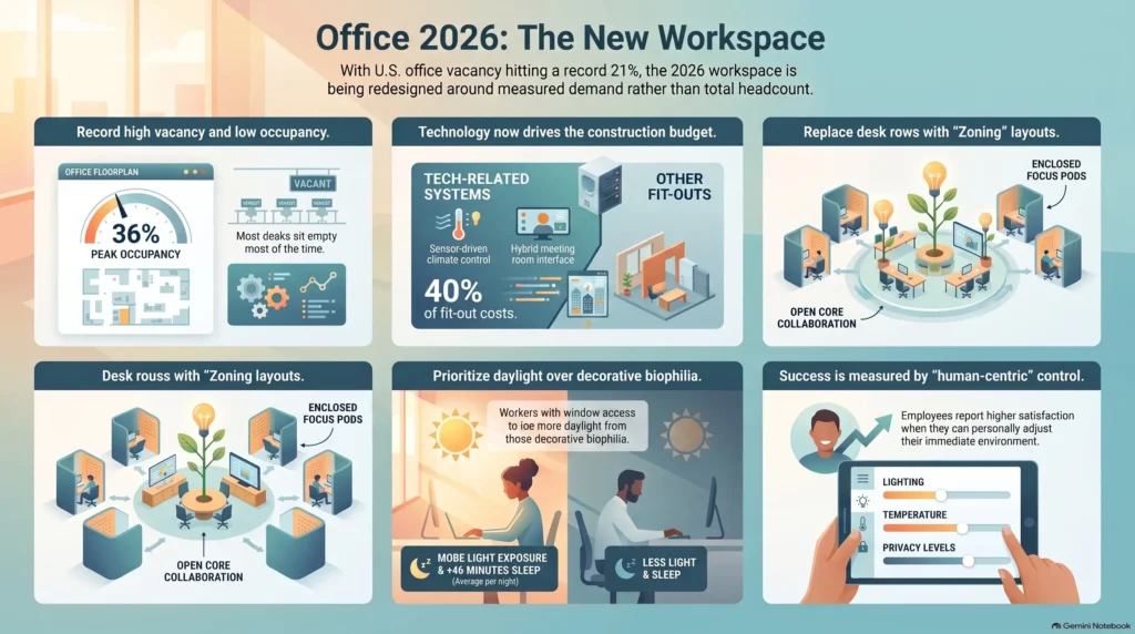 Infographic explaining office workspace design trends in 2026, focusing on peak occupancy rates, tech fit-out costs, zoning layouts, natural daylight access, and human-centric environmental controls.