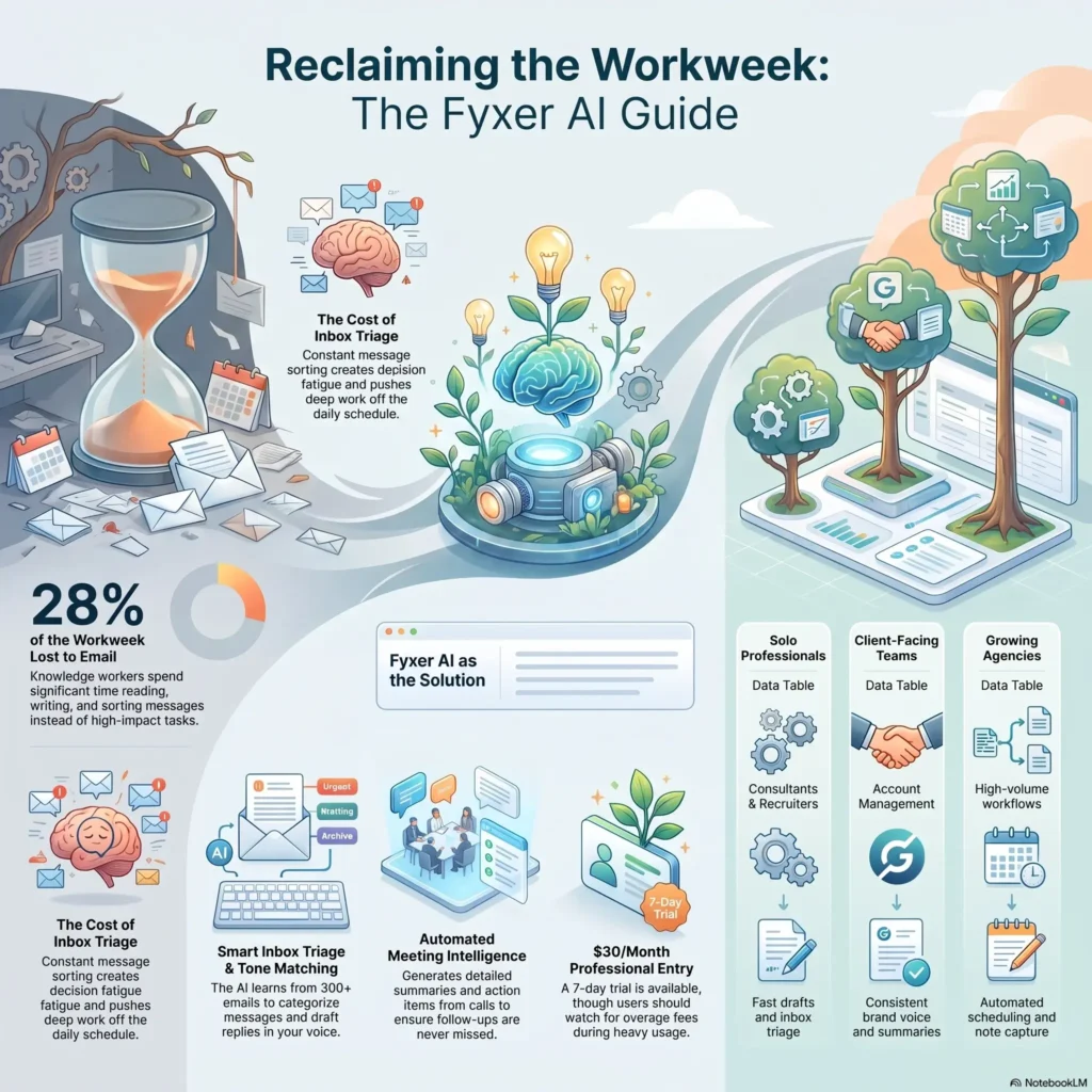 Infographic titled Reclaiming the Workweek showing how Fyxer AI automates inbox triage and meeting intelligence for professionals.