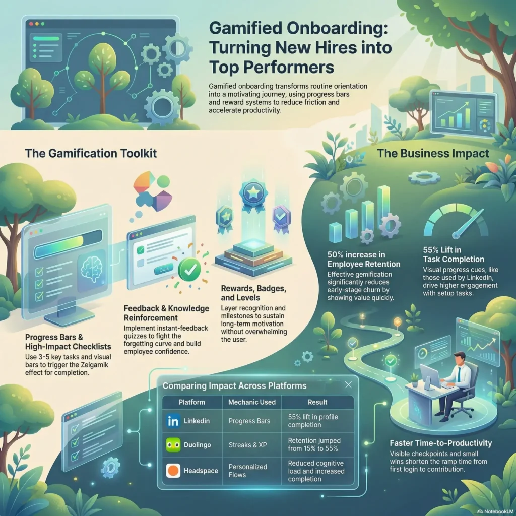 SmartKeys infographic on gamified onboarding, illustrating how game elements like progress bars, quizzes, and rewards boost new hire employee retention by 50% and accelerate time-to-productivity