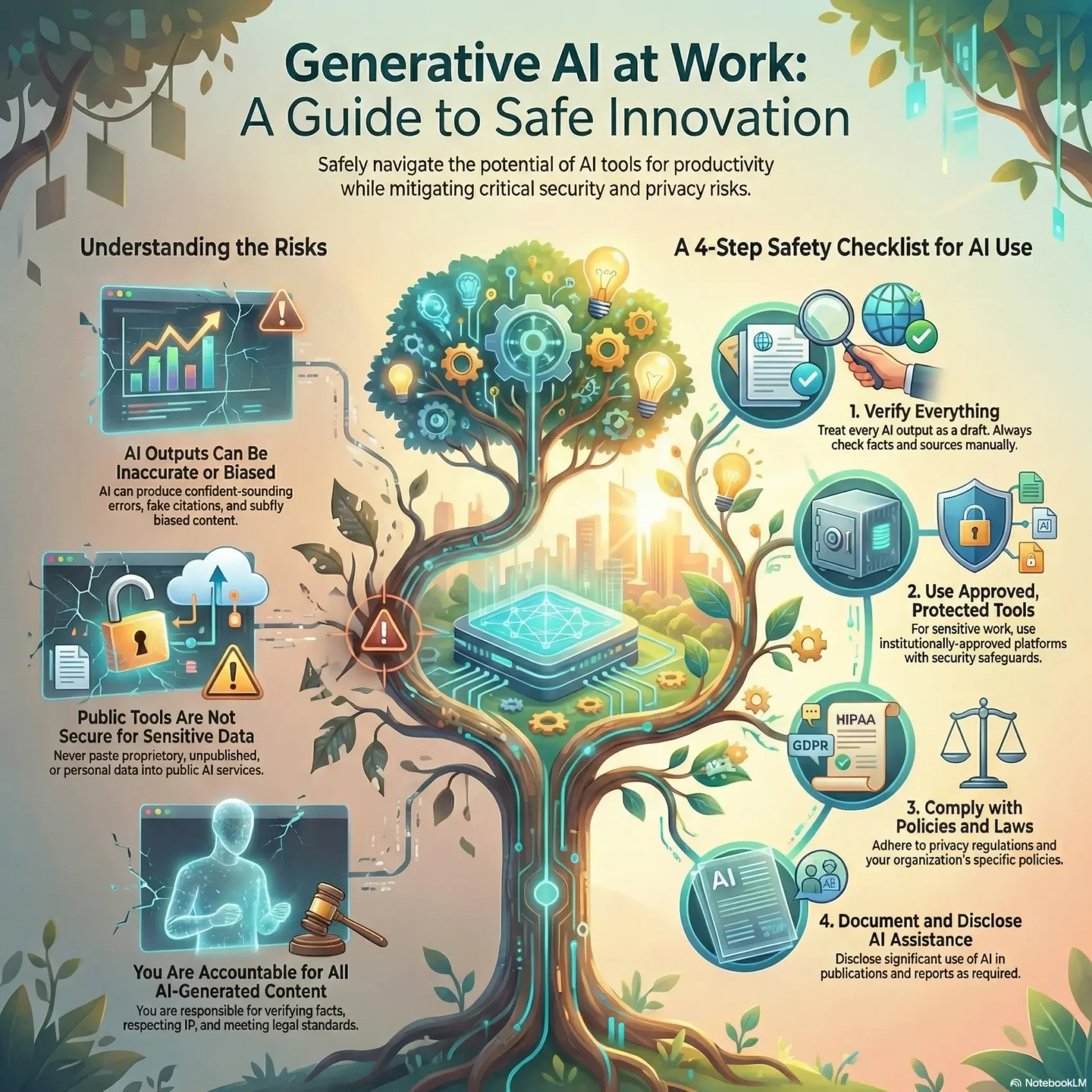 Infographic guiding safe innovation with Generative AI at work. It highlights risks like inaccuracy and data security, provided alongside a 4-step safety checklist: verify everything, use approved tools, comply with policies, and document AI assistance.