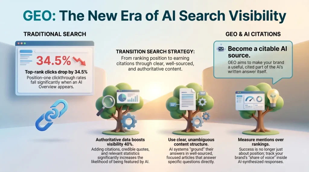 Infographic contrasting traditional search with GEO: top-rank clicks fall 34.5% when an AI Overview appears.