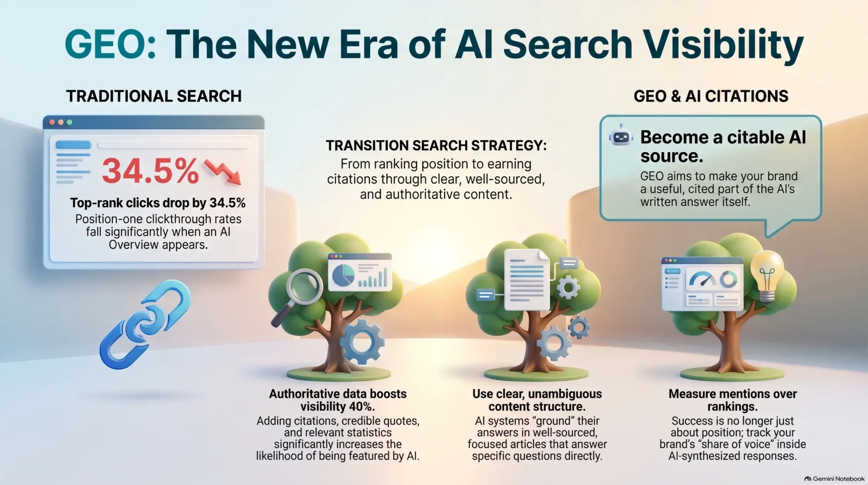 Infographic contrasting traditional search with GEO: top-rank clicks fall 34.5% when an AI Overview appears.