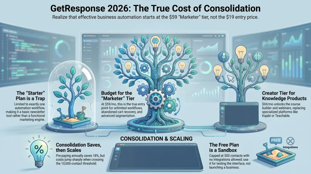 GetResponse 2026 infographic comparing the Free, Starter, Marketer and Creator tiers and their real limits