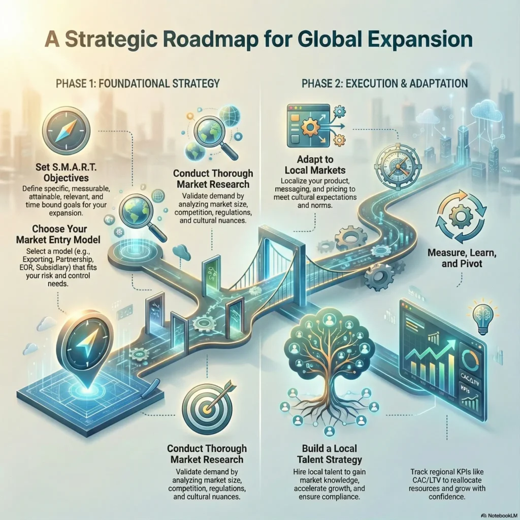 SmartKeys infographic presenting a strategic roadmap for global expansion, detailing phases for foundational strategy, market research, entry models, and local talent adaptation.