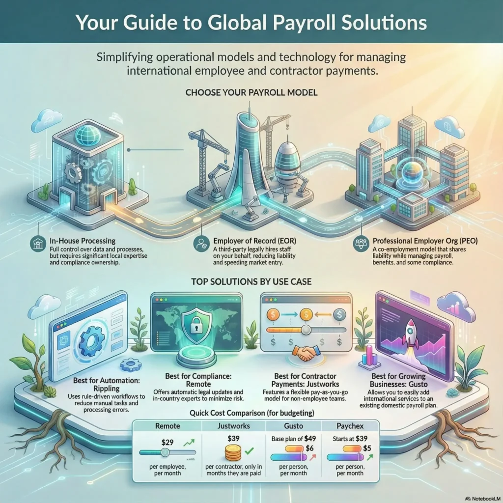 SmartKeys Infographic on Global Payroll Solutions: Visual guide comparing EOR, PEO, and In-House models for international payments, featuring top software choices like Rippling, Remote, Justworks, and Gusto by use case.