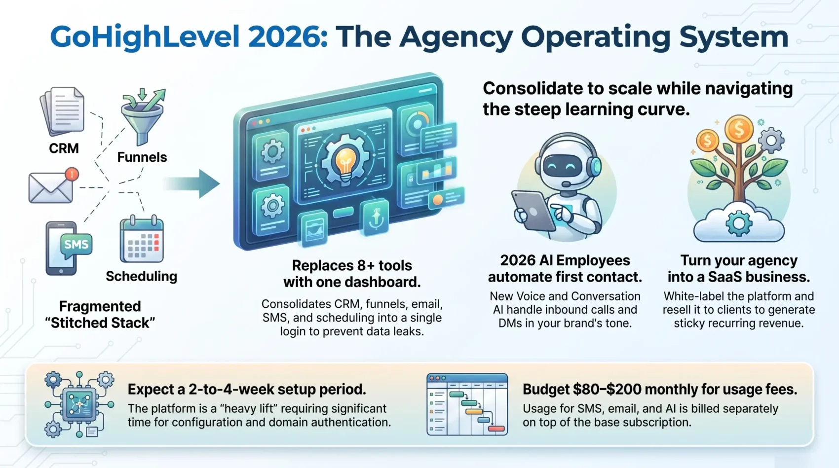 Infographic detailing GoHighLevel agency software in 2026, covering all-in-one tool consolidation, AI conversational employees, SaaS mode white-labeling, and realistic setup expectations by SmartKeys.