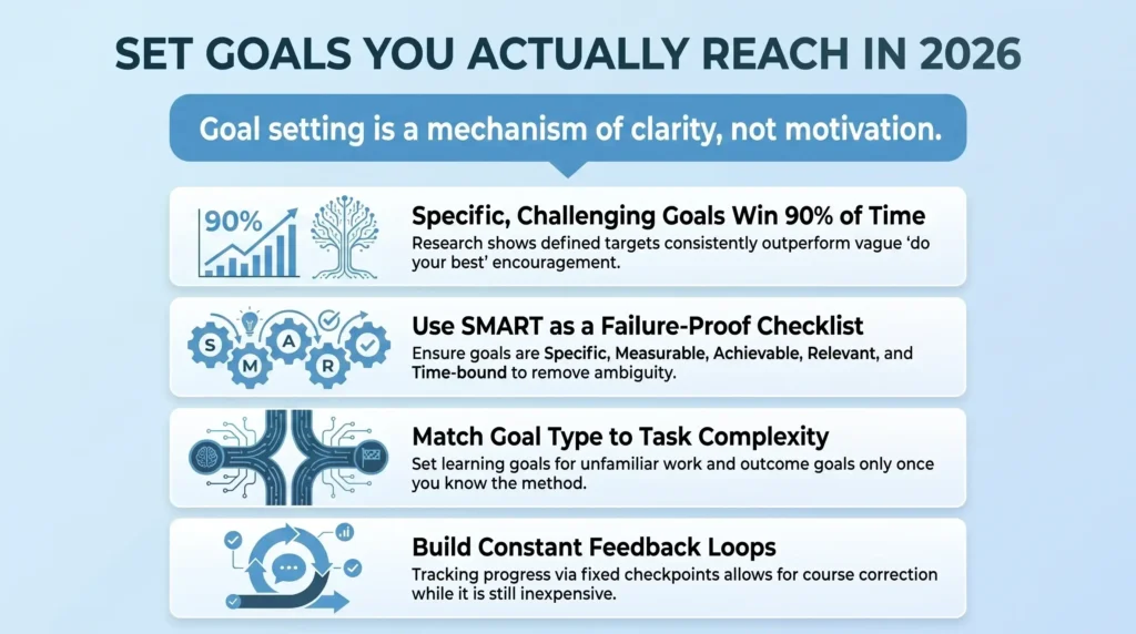Infographic by SmartKeys on effective goal setting strategies for 2026, featuring SMART criteria, task complexity matching, continuous feedback loops, and research-backed goal achievement.