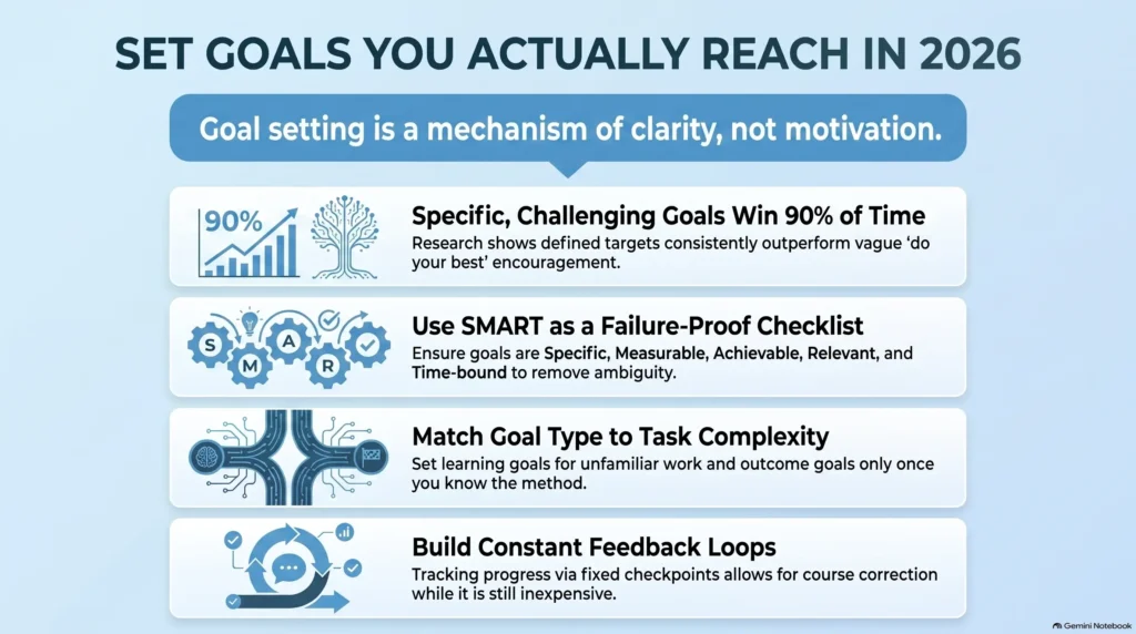 Infographic by SmartKeys on effective goal setting strategies for 2026, featuring SMART criteria, task complexity matching, continuous feedback loops, and research-backed goal achievement.