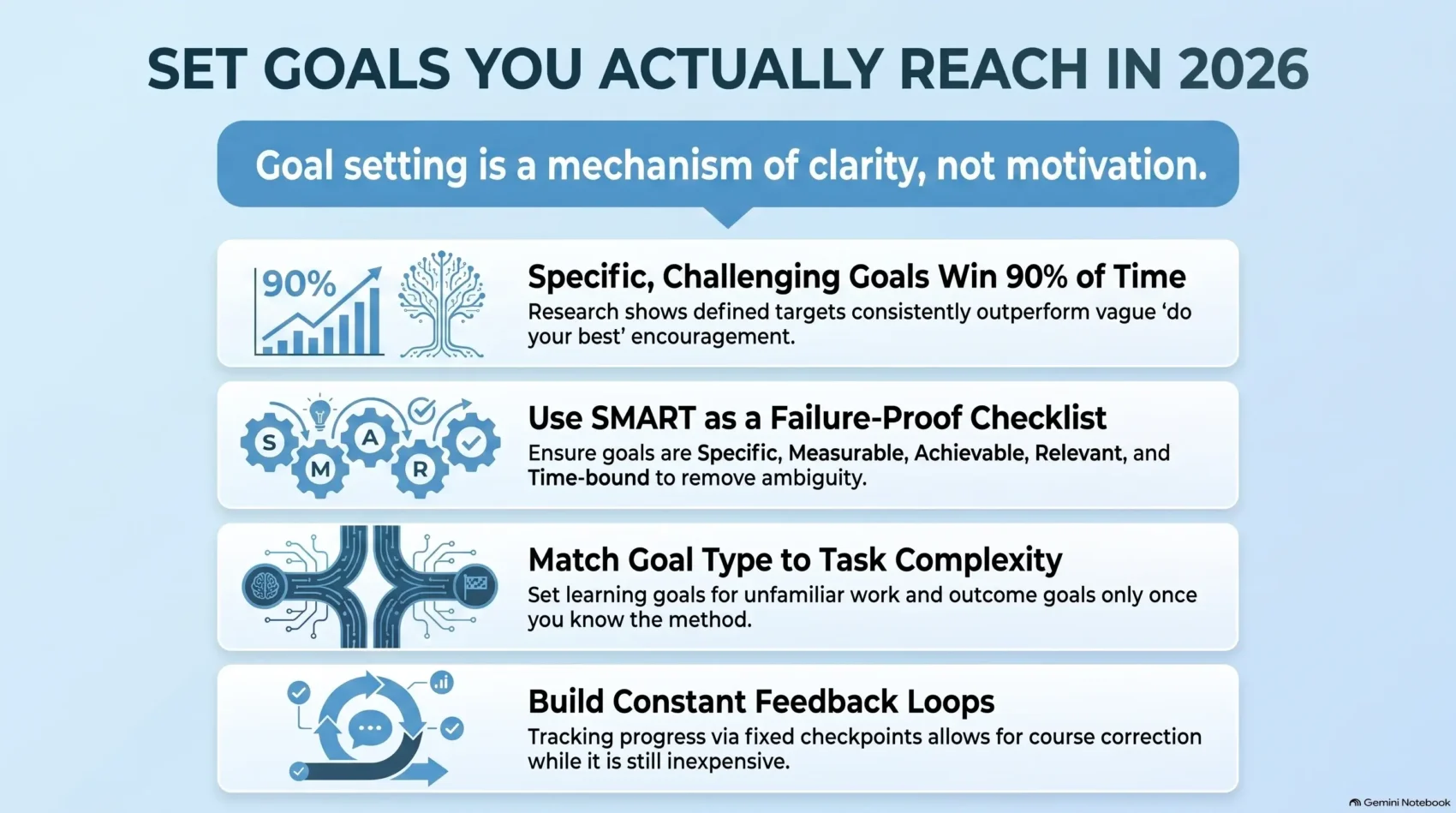 Infographic by SmartKeys on effective goal setting strategies for 2026, featuring SMART criteria, task complexity matching, continuous feedback loops, and research-backed goal achievement.