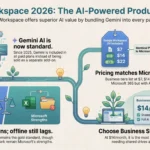 Google Workspace 2026 comparison infographic by SmartKeys highlighting bundled Gemini AI features, tier pricing versus Microsoft 365, real-time collaboration, and the Business Standard plan value.