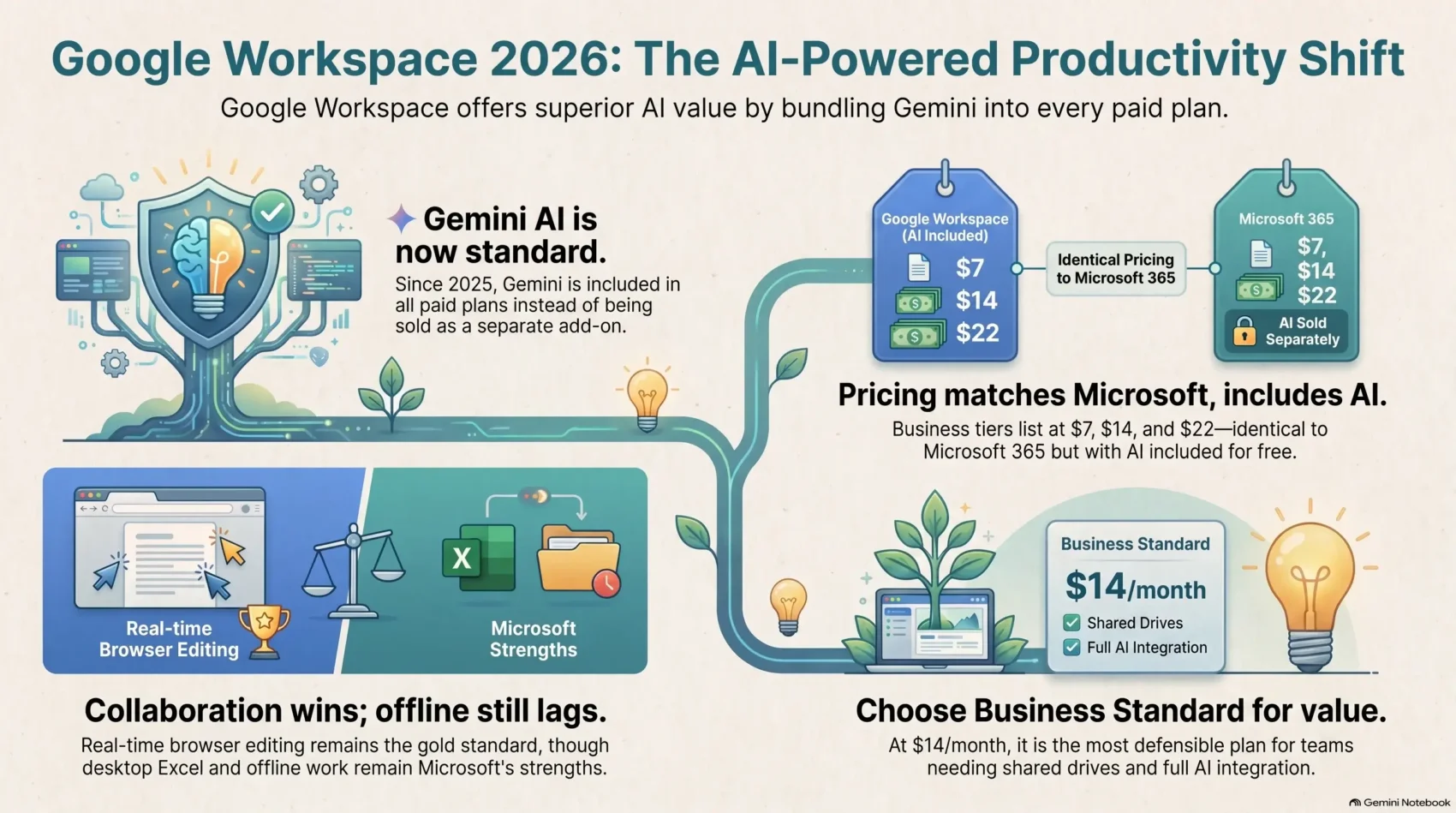Google Workspace 2026 comparison infographic by SmartKeys highlighting bundled Gemini AI features, tier pricing versus Microsoft 365, real-time collaboration, and the Business Standard plan value.