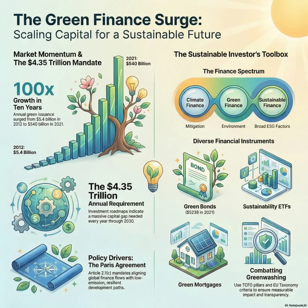 SmartKeys infographic explaining the green finance surge, illustrating market growth to $540 billion, sustainable investor tools like green bonds and ETFs, and policy drivers for combatting greenwashing.