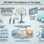 HR trends 2026 infographic by SmartKeys highlighting evidence-based insights on employee engagement drops, shallow AI adoption, job reskilling, hybrid work stabilization, and AI recruitment audit compliance.
