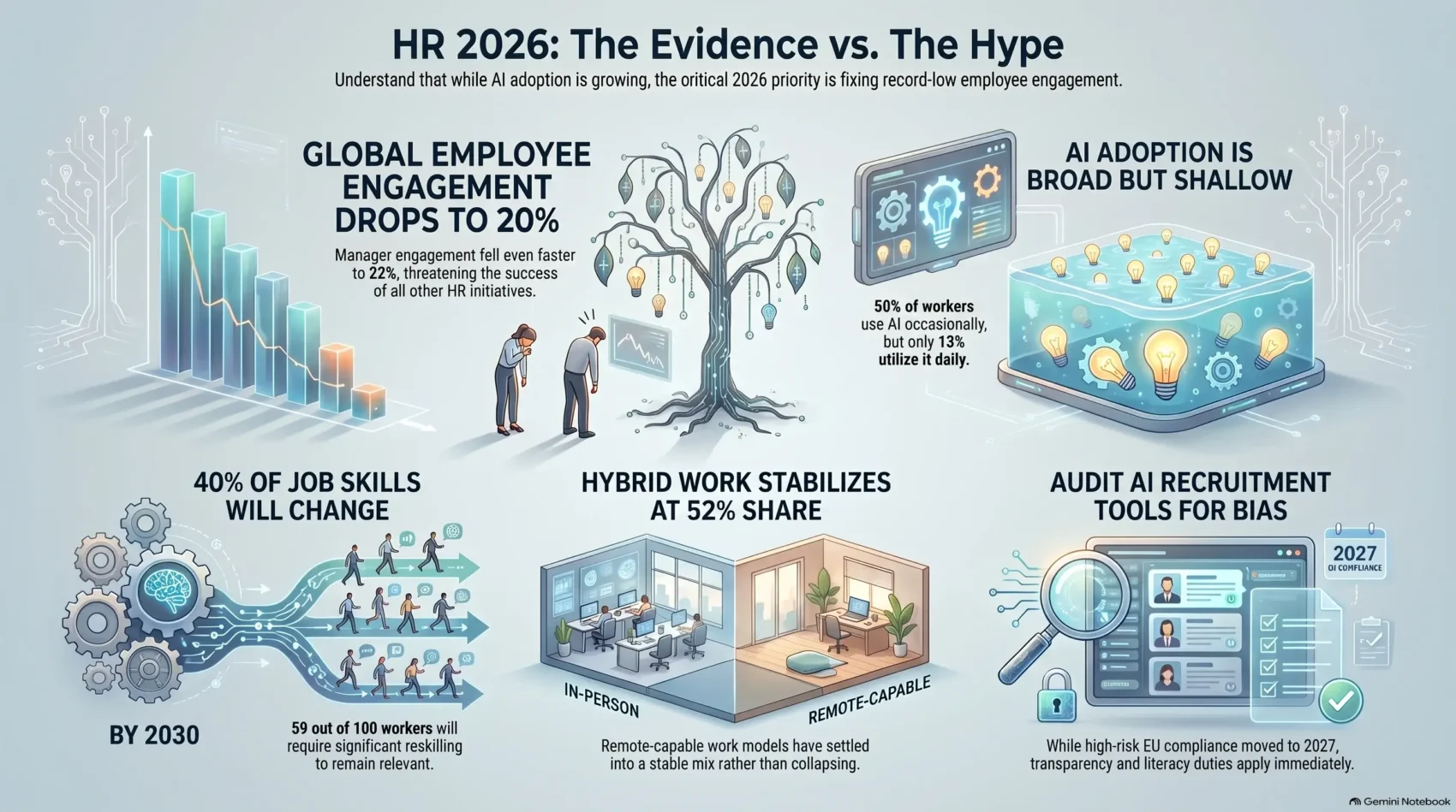 HR trends 2026 infographic by SmartKeys highlighting evidence-based insights on employee engagement drops, shallow AI adoption, job reskilling, hybrid work stabilization, and AI recruitment audit compliance.