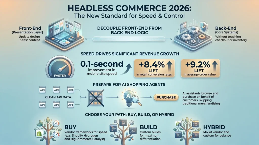 Infographic on 2026 headless commerce: decoupled front end and back end, site speed gains, and AI agent readiness