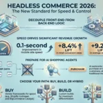 Headless Commerce 2026: Architecture, Costs, and Agent-Ready Storefronts Infographic on 2026 headless commerce: decoupled front end and back end, site speed gains, and AI agent readiness
