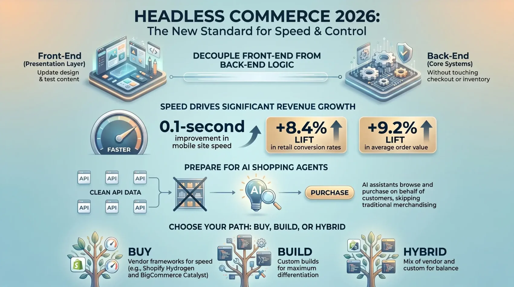 Infographic on 2026 headless commerce: decoupled front end and back end, site speed gains, and AI agent readiness