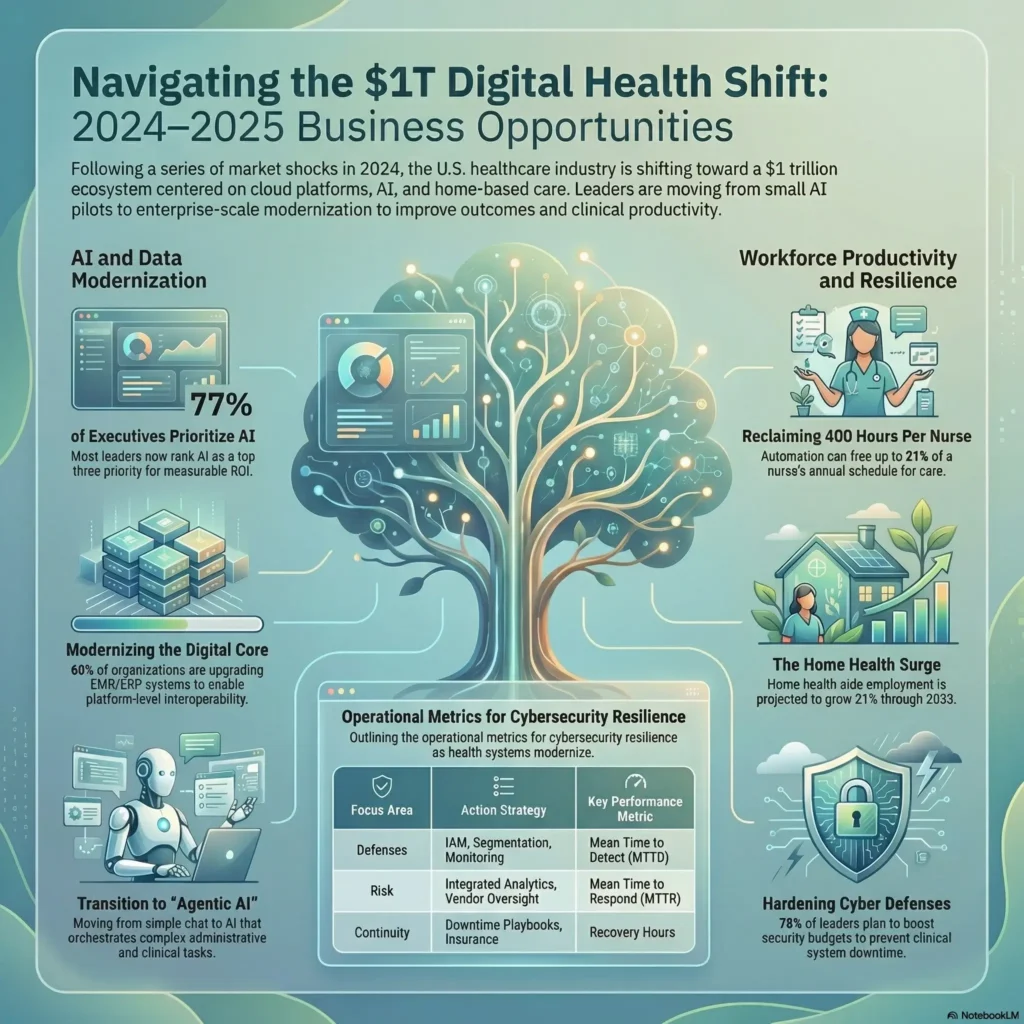 SmartKeys infographic on the $1 trillion digital health shift for 2024-2025, detailing business opportunities in AI and data modernization, home health growth, workforce productivity, and cybersecurity resilience.