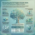 SmartKeys infographic on the $1 trillion digital health shift for 2024-2025, detailing business opportunities in AI and data modernization, home health growth, workforce productivity, and cybersecurity resilience.