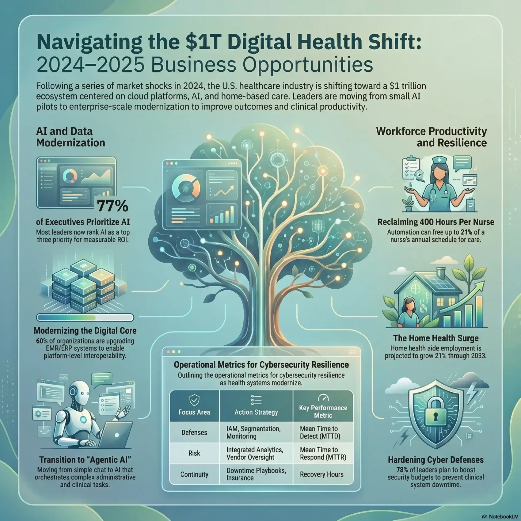 SmartKeys infographic on the $1 trillion digital health shift for 2024-2025, detailing business opportunities in AI and data modernization, home health growth, workforce productivity, and cybersecurity resilience.