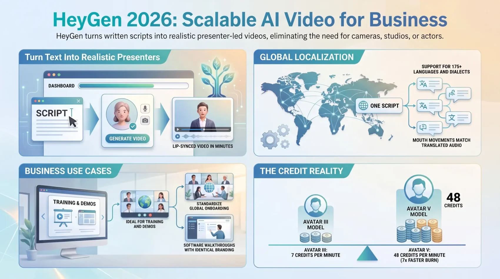 Infographic analyzing HeyGen AI video generation for business, covering text-to-avatar creation, global localization in 175 plus languages, and credit cost tiers.