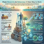 SmartKeys infographic comparing the traditional hierarchy model versus the Holacracy model, illustrating how distributed authority and clear roles improve employee autonomy in flat organizations.