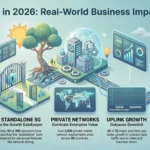 How 5G Impacts Business Operations in 2026 Infographic illustrating the business impact of 5G in 2026, highlighting global subscriptions, standalone network adoption, private enterprise networks, and uplink data growth.