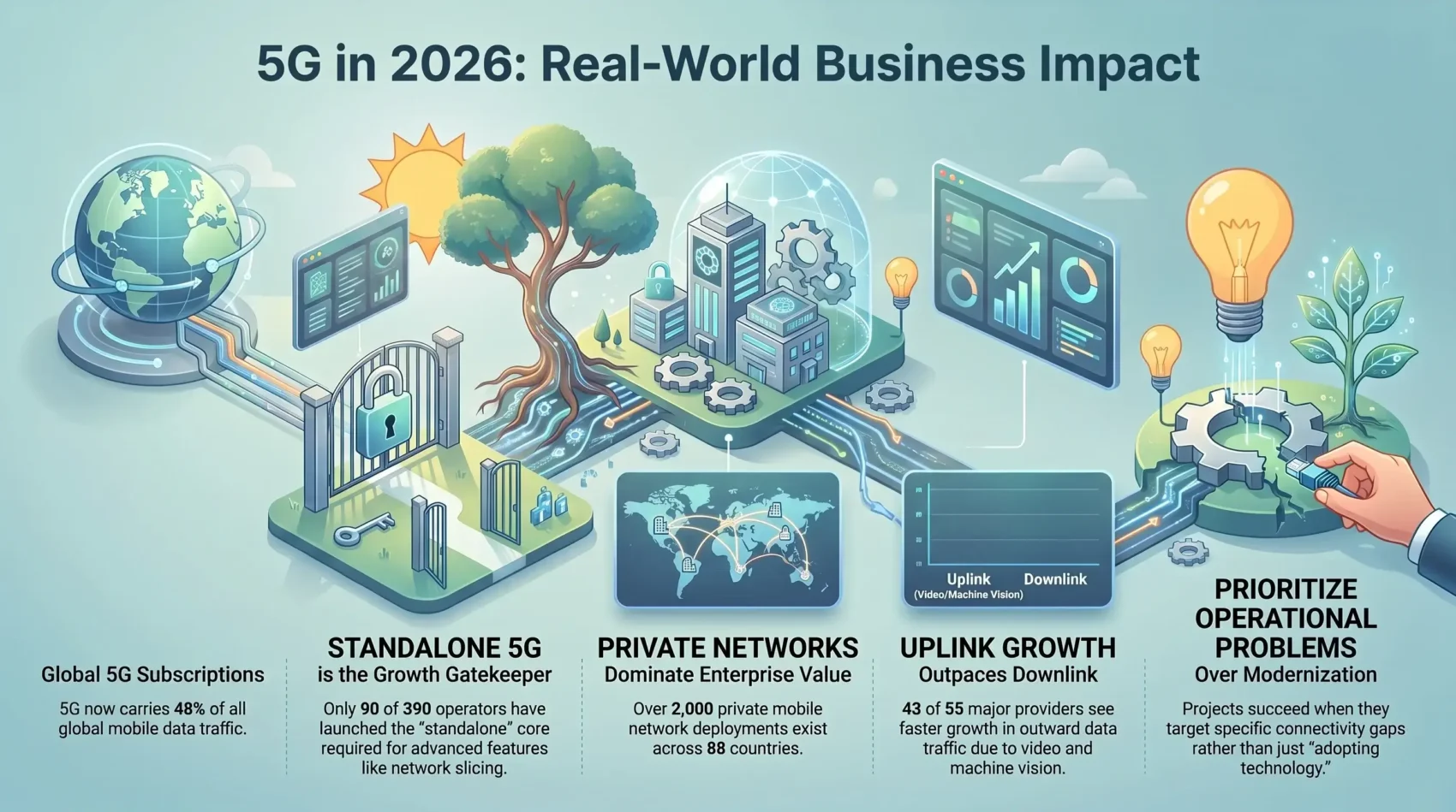 Infographic illustrating the business impact of 5G in 2026, highlighting global subscriptions, standalone network adoption, private enterprise networks, and uplink data growth.