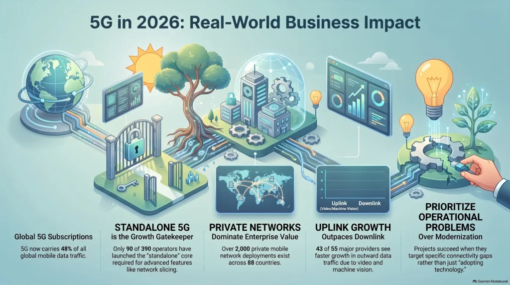 Infographic illustrating the business impact of 5G in 2026, highlighting global subscriptions, standalone network adoption, private enterprise networks, and uplink data growth.