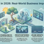 How 5G Impacts Business Operations in 2026 Infographic illustrating the business impact of 5G in 2026, highlighting global subscriptions, standalone network adoption, private enterprise networks, and uplink data growth.