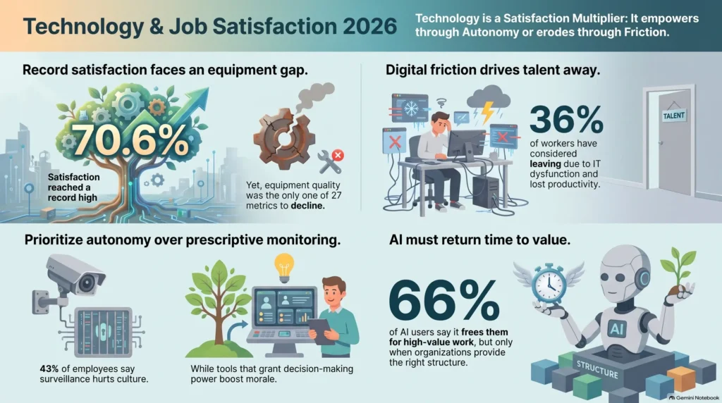 Infographic illustrating how workplace technology impacts job satisfaction in 2026, highlighting data on equipment gaps, digital friction, employee autonomy, and AI productivity.