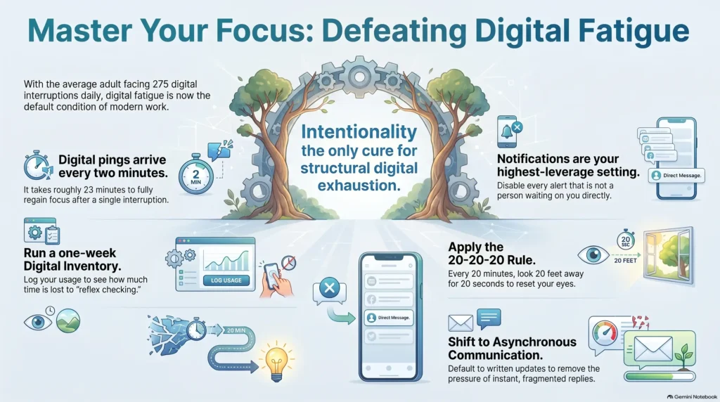 SmartKeys infographic titled Master Your Focus: Defeating Digital Fatigue, illustrating tips to reduce digital interruptions, manage notifications, and boost daily productivity