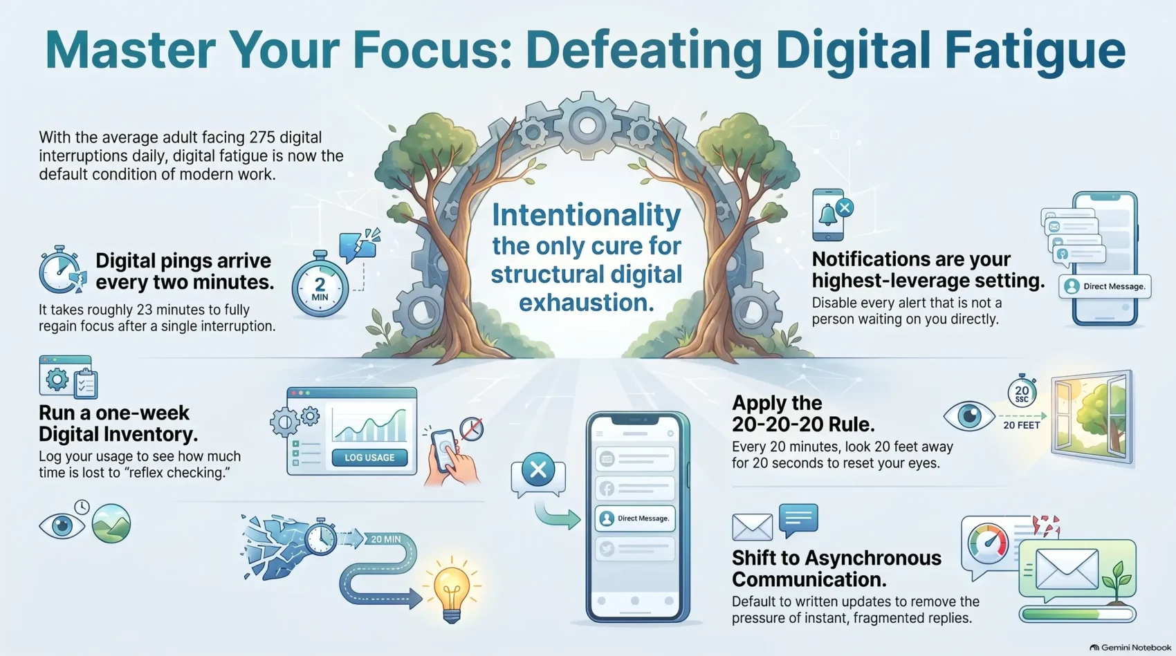 SmartKeys infographic titled Master Your Focus: Defeating Digital Fatigue, illustrating tips to reduce digital interruptions, manage notifications, and boost daily productivity